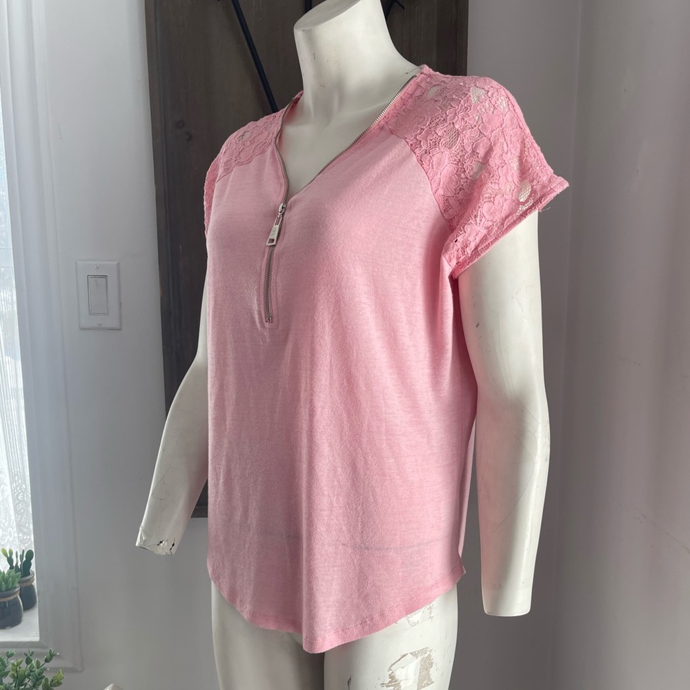 ARDENE Pink Quarter-Zip T-Shirt With Lace Details Size XL
